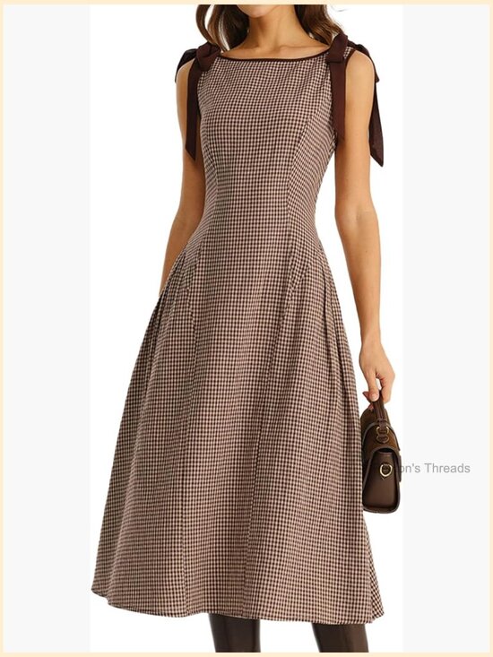 Dresses & Skirts - Plaid Boat Neck A-Line Midi Dress - Vintage Casual Dress